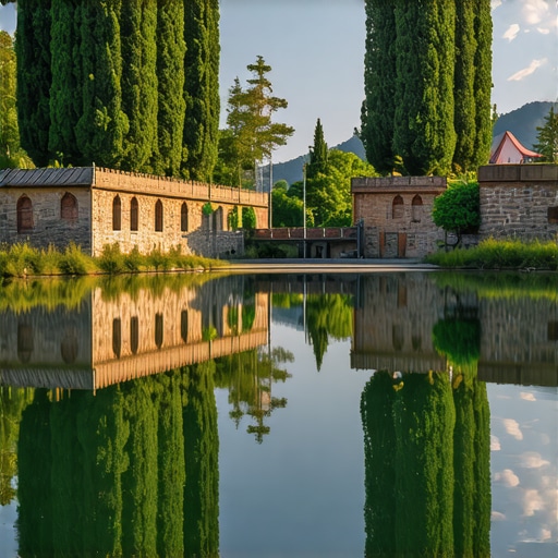 Scenic view of Balkan cultural and natural heritage sites, lush landscapes and historic monuments