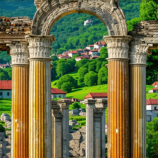 Beautiful Balkan landscape with ancient ruins and vibrant villages