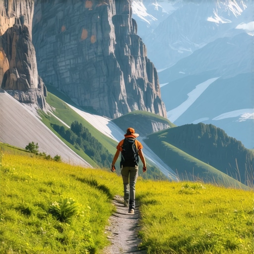 Hiker trekking through a lush mountain landscape during summer