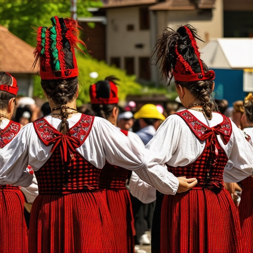 Një grup njerëzish në një festival kulturor me kostume tradicionale dhe valle të gjalla.