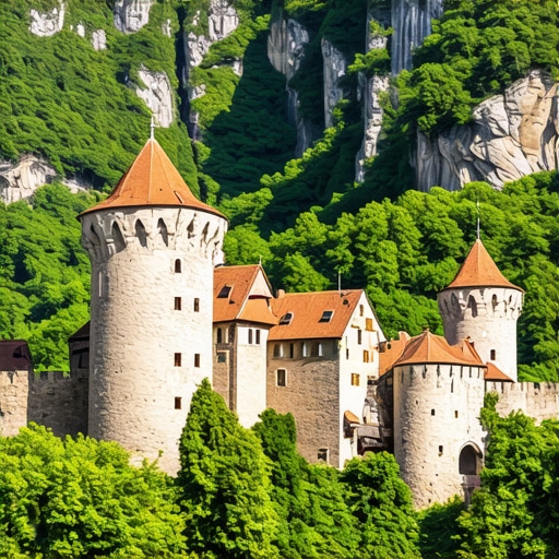 A panoramic view of a historic castle with lush green mountains and clear blue sky.