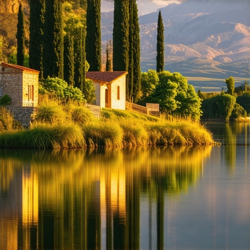 Scenic view of Kastorias with historic buildings and green landscapes at sunset.