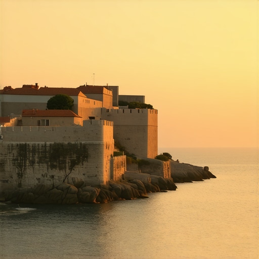 A breathtaking panoramic view of Dubrovnik's historic city walls at sunset, overlooking the blue Adriatic Sea.