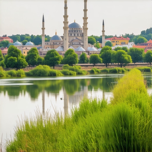 Panoramic view of historic mosques and river in Edirne