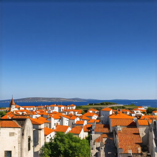 Aerial view of historic Trogir city with architecture and sea