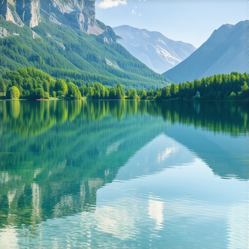 Liqeni i kristaltë i Bohinj me male të larta dhe qiell të pastër