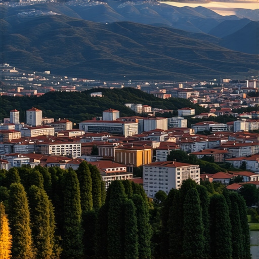 Peizazh i bukur i Sarajevës me malet dhe qytetin gjatë perëndimit të diellit