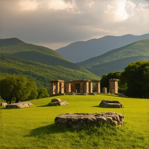 Pamje panoramike e maleve të Ballkanit me natyrë të gjelbër dhe monumente antike