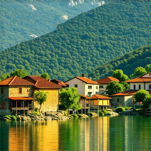 Beautiful landscape of Mavrovë with mountains, lake, and village houses