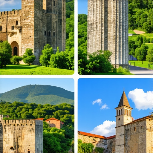 A scenic view of historic ruins intertwined with green mountains and forests in the Balkans.