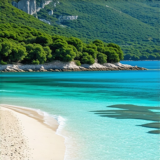 A scenic view of a pristine Balkan island with lush greenery and clear waters, illustrating sustainable tourism