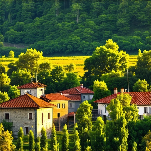 A beautiful Balkan landscape showing traditional villages and natural scenery at sunrise