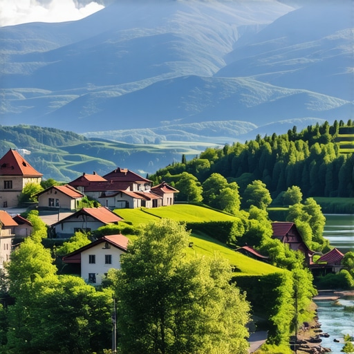 Peisazh i bukur me male, lumenj dhe shtëpi tradicionale në Ballkan