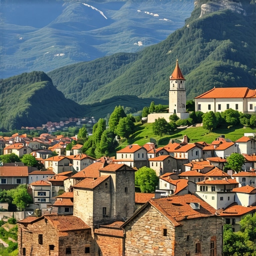 Panoramic view of mountains and historic towns in Balkan region