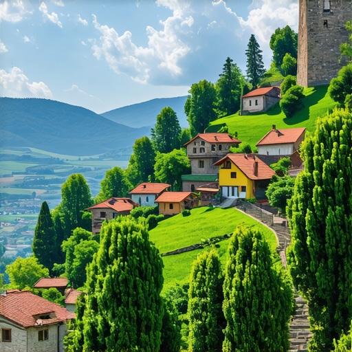 Pamje e bukur panoramike e maleve të Ballkanit dhe fshatrave tradicionale