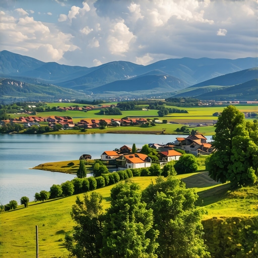 Scenic Balkan Landscape Panoramic view of mountains, lakes, and traditional villages in the Balkans