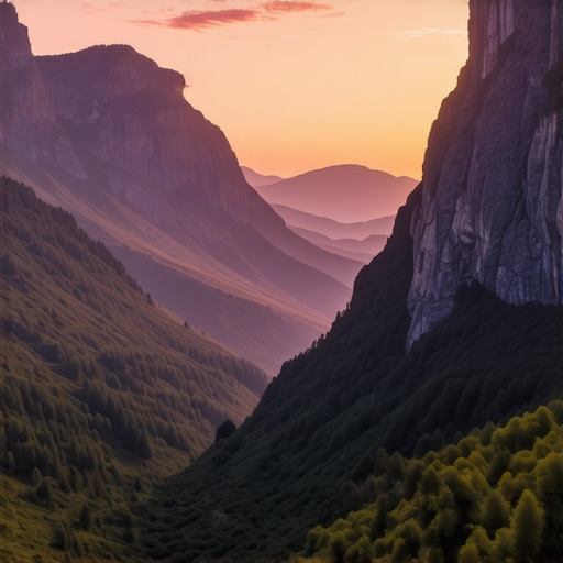 Panoramic sunset view of Rugova Canyon with vibrant colors and detailed landscape