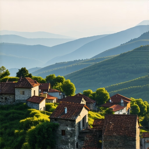 Panoramic view of Balkan mountains with traditional villages at sunset