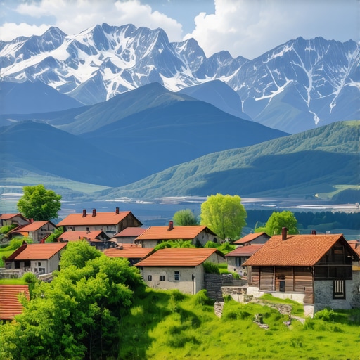Peizazh i bukur i Ballkanit me male dhe fshatra tradicionale Landscape i bukur i rajonit të Ballkanit me male dhe fshatra tradicionale