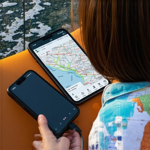 Teknologjia në udhëtim në Ballkan Një udhëtues duke përdorur power bank dhe telefon gjatë eksplorimit të Ballkanit, pamje të bukur natyrore