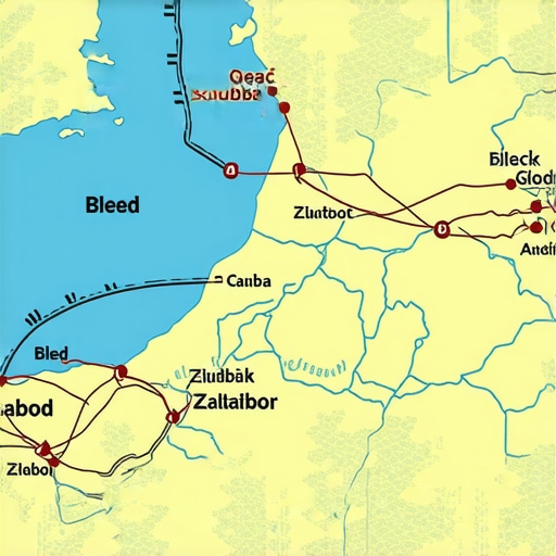 Travel Routes in Balkan Region Map of Balkan with highlighted travel routes to Golubac, Bled, and Zlatibor.