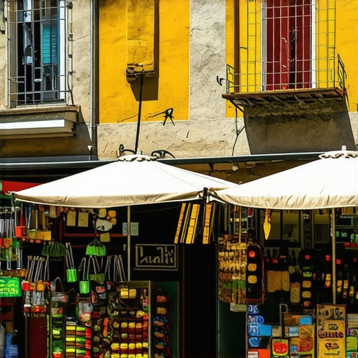 Treg i gjallë në një qytet të vogël në Ballkan me tregtarë vendas dhe arkitekturë tradicionale.