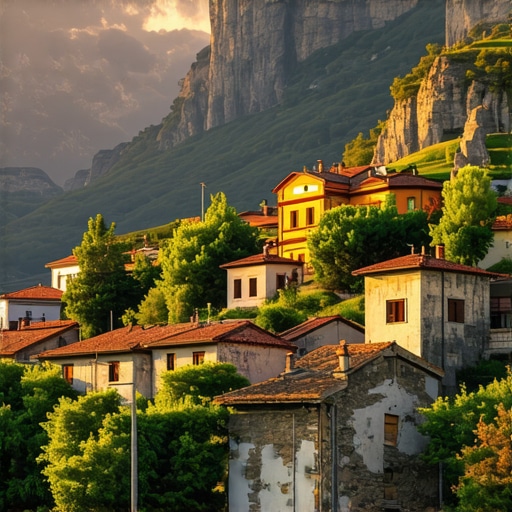 Sunset over a Balkan mountain village Scenic view of a mountain village in Balkans at sunset