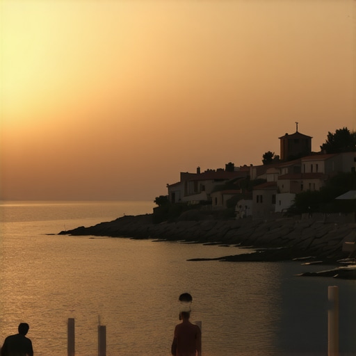 Sunset over Vlorë's rugged coastline with the Mediterranean sea in the background.